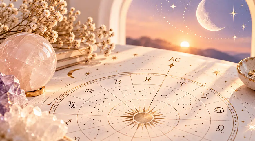 Thème astral illustrant le calcul de l’ascendant astrologique avec les signes du zodiaque