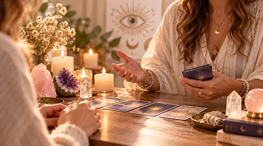 Consultation de voyance avec une voyante utilisant des cartes de tarot face à une cliente