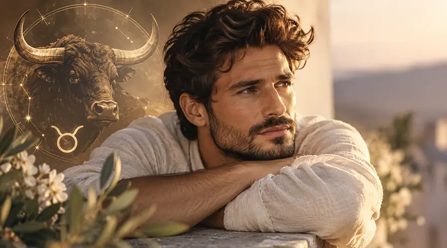 Homme Taureau en amour, illustration d’un homme romantique accompagné du symbole astrologique du Taureau.