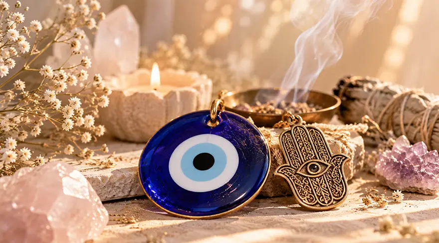 Amulette nazar bleue et main de Fatma, symboles traditionnels de protection contre le mauvais œil